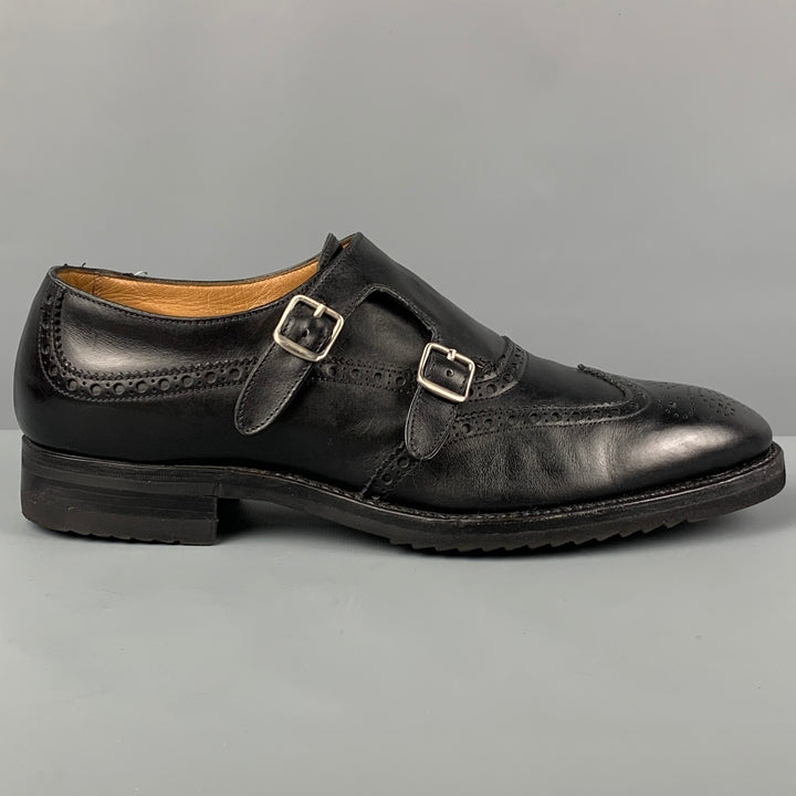 GRAVATI Size 10 Black Perforated Leather Double Monk Strap Lace Up Shoes