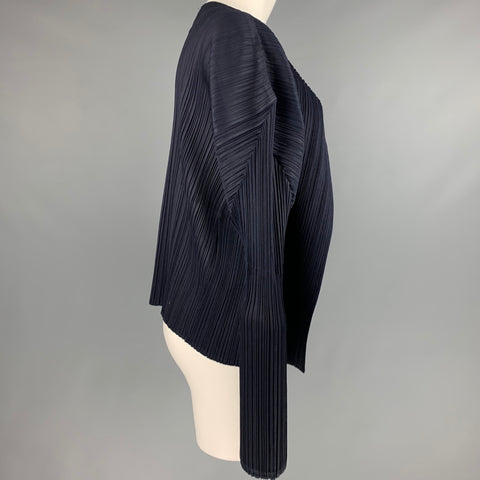 ISSEY MIYAKE Talla M Cárdigan azul marino plisado con frente abierto - Mujer