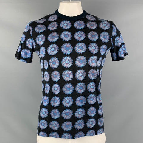 VERSACE JEANS COUTURE Size L Black Blue Floral Cotton Short Sleeve T-shirt