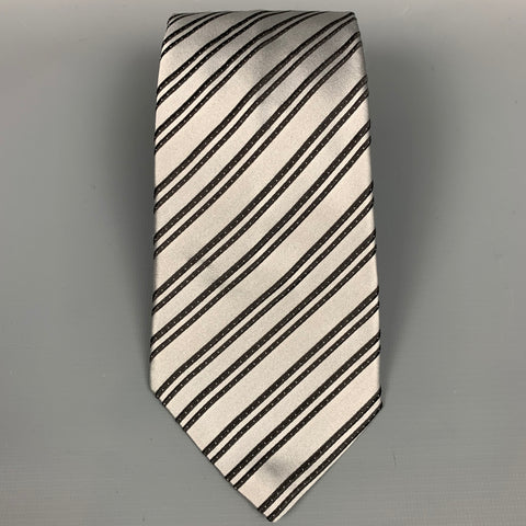STEFANO RICCI Silver & Black Stripe Satin Silk Tie