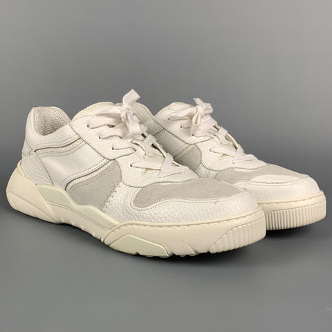 VALENTINO Size 12 White & Light Grey Leather Lace Up Sneakers