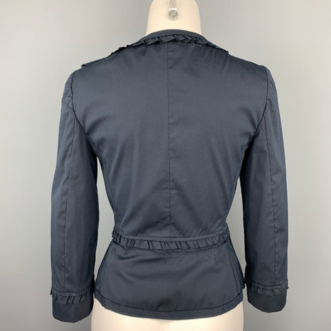 PRADA Talla 8 Chaqueta sin cuello de algodón con ojales azul marino