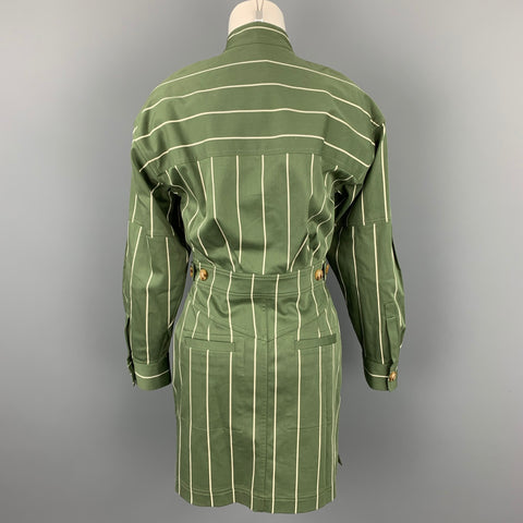 DEREK LAM Size 6 Olive & Cream Stripe Cotton Shirt Dress