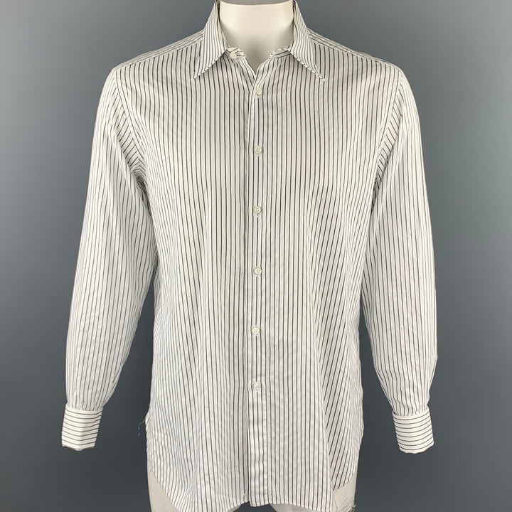 BRIONI Purple Label Size XL Black & White Stripe Cotton French Cuff Long Sleeve Shirt