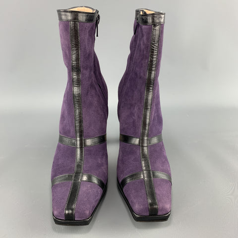 JOSEPH AZAGURY Size 7 Purple Suede Black Stipe Ankle Boots
