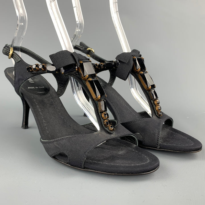 MIU MIU Size 7.5 Black Rhinestone Strappy Sandals