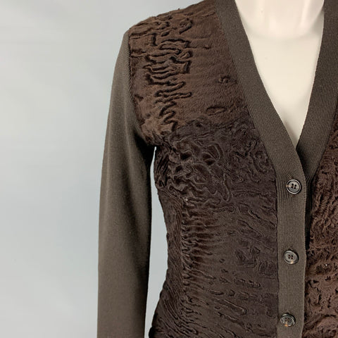 PRADA Size 4 Brown Wool Mixed Materials Lamb Fur Trim V-Neck Cardigan