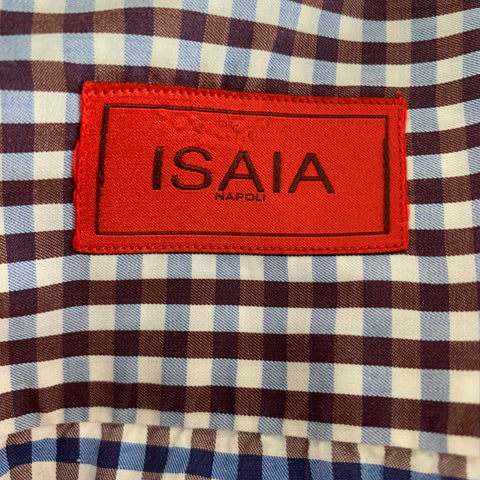 ISAIA Talla XL Camisa Manga Larga Algodón Cuadros Azul Marrón Marrón