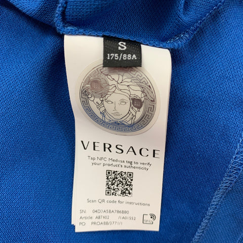 VERSACE Size S Blue Gold Embroidery Polyester Viscose Greca Short Sleeve Polo