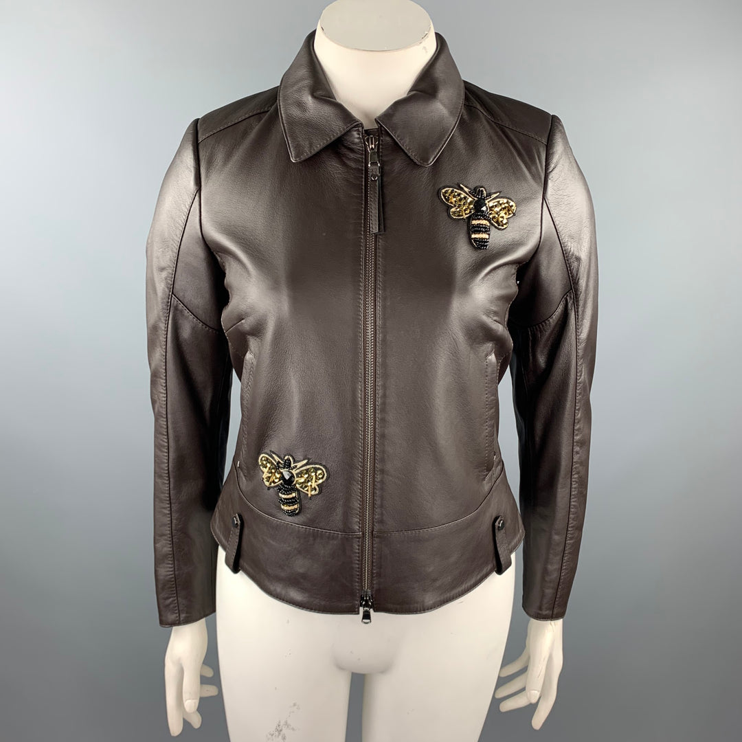 GIZIA Size 6 Brown Leather Bumble Bee Embellishment Zip Up Jacket