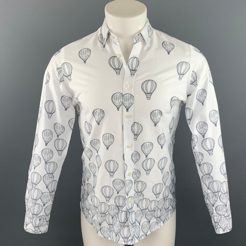 TWEEN Size XS White & Navy Print Cotton Button Up Long Sleeve Shirt