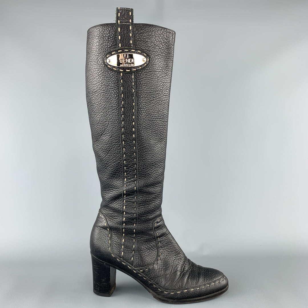 FENDI Size 9 Brown Textured Top Stitch SELLERIA Knee High Boots
