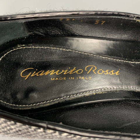 GIANVITO ROSSI Size 7 Grey Tweed Patent Leather Tweed Open Toe Pumps