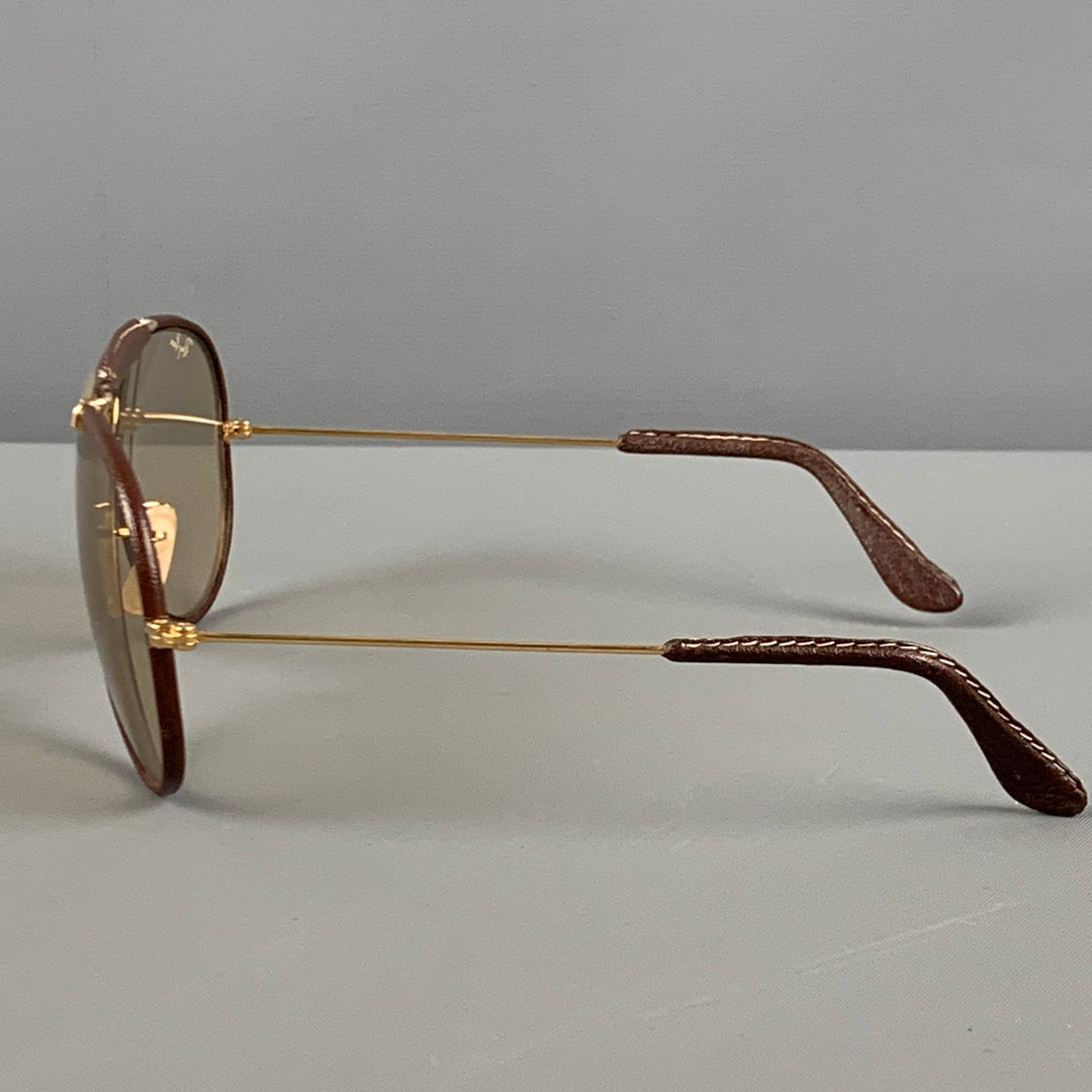 Vintage RAY-BAN Size Brown Leather Metal Aviator Sunglasses