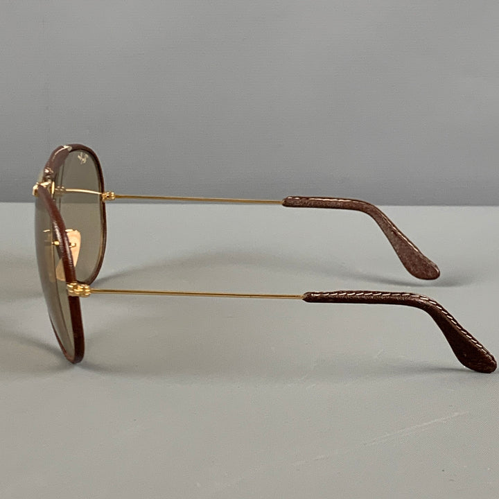 Vintage RAY-BAN Size Brown Leather Metal Aviator Sunglasses