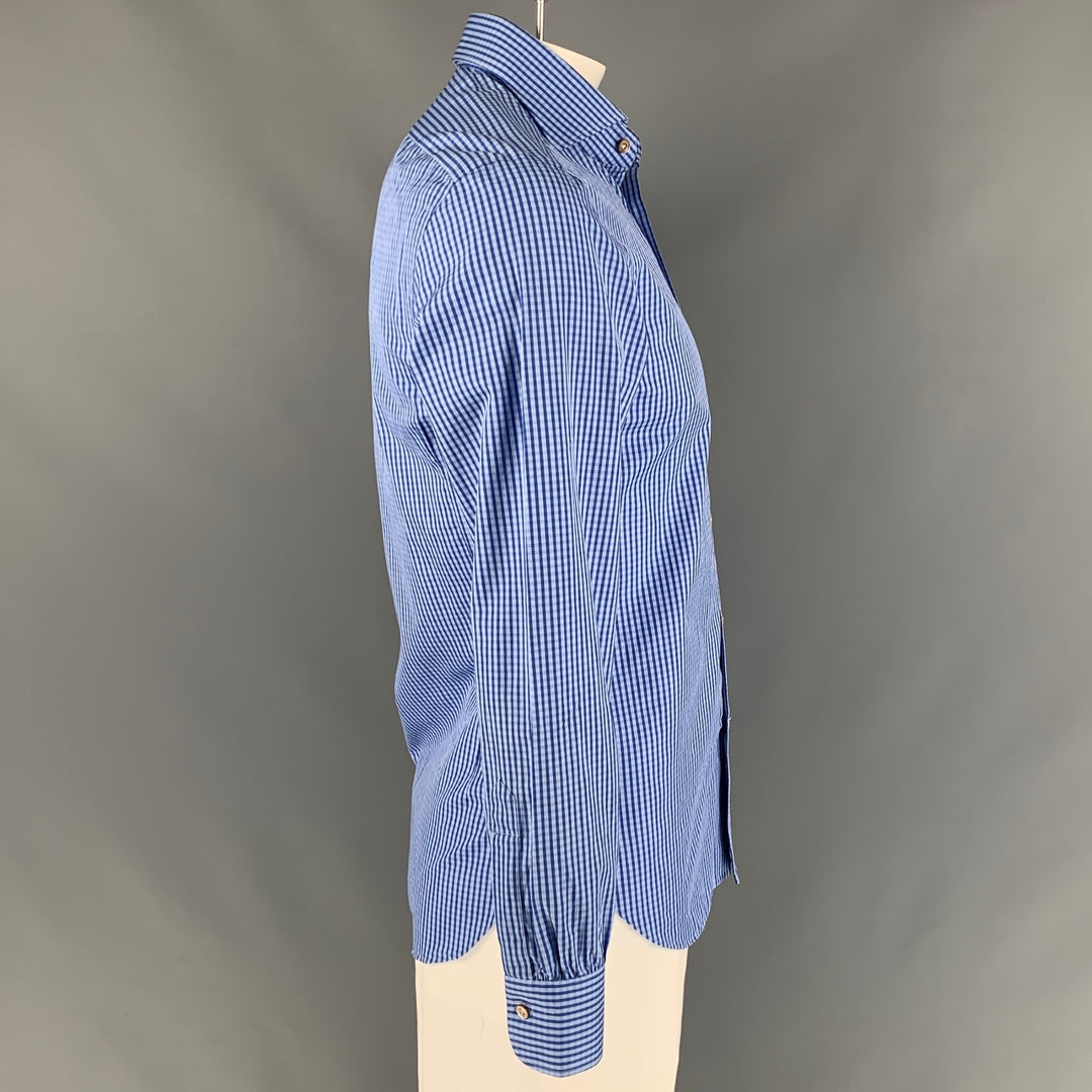 KITON for BARNEY'S NEW YORK Size 42 Light Blue Gingham Cotton Spread Collar Long Sleeve Shirt