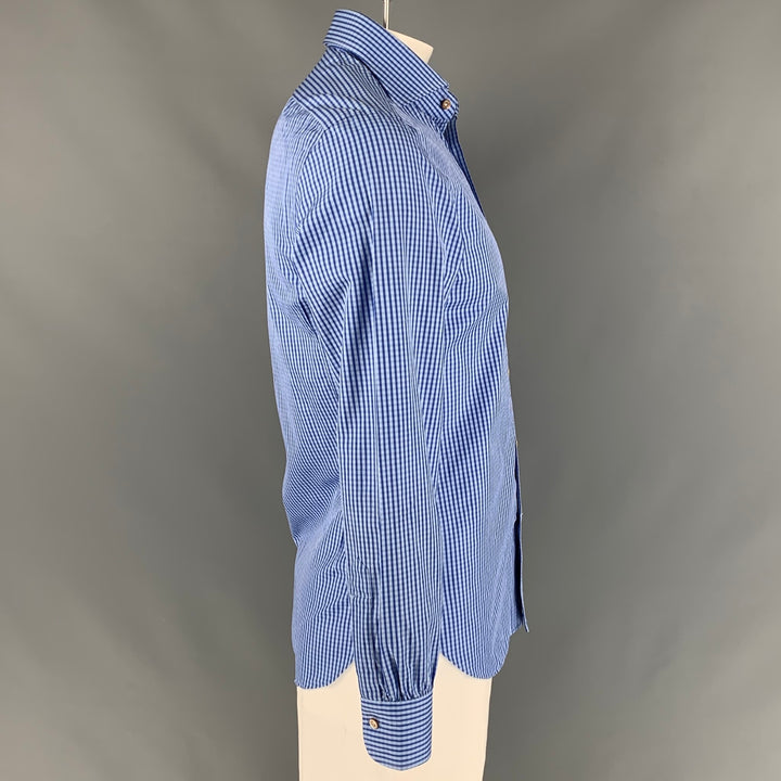 KITON pour BARNEY'S NEW YORK Taille 42 Chemise à manches longues en coton vichy bleu clair