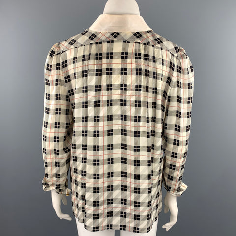 VINTAGE Size L Cream & Black Plaid Silk Pleated Blouse