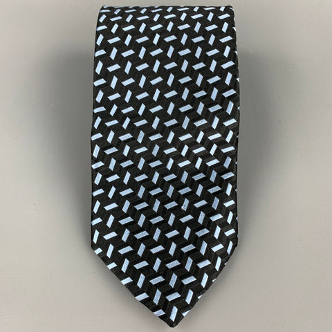 ERMENEGILDO ZEGNA Black & Light Blue Geometric Silk Tie