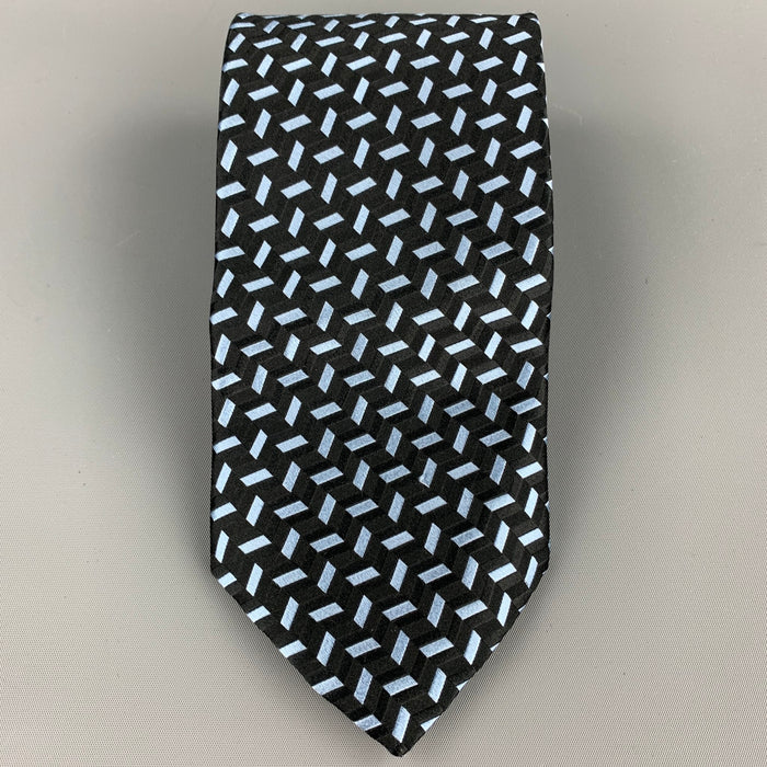 ERMENEGILDO ZEGNA Black & Light Blue Geometric Silk Tie