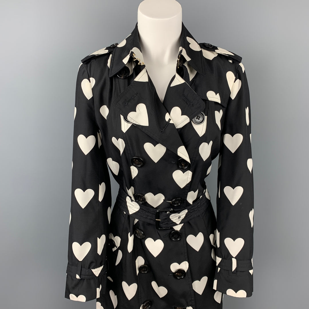 BURBERRY Circa 2017 Size 10 Black & White Heart Print Silk / Wool Trench Coat