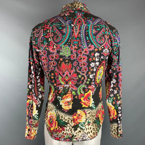 JUST CAVALLI Size XXL Multi-Color Print Cotton Blend Button Up Long Sleeve Shirt