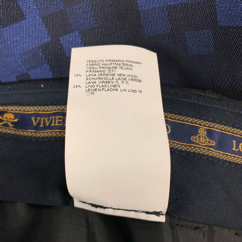 VIVIENNE WESTWOOD MAN Size 42 Blue Black Square Print Wool Blend Raw Hem Double Breasted Suit