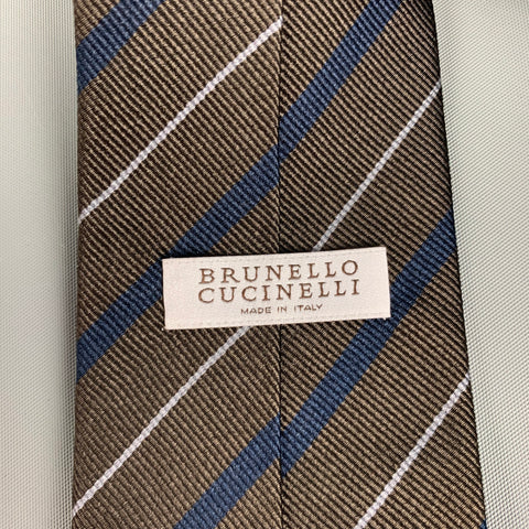 BRUNELLO CUCINELLI Brown Navy Diagonal Stripe Silk Tie