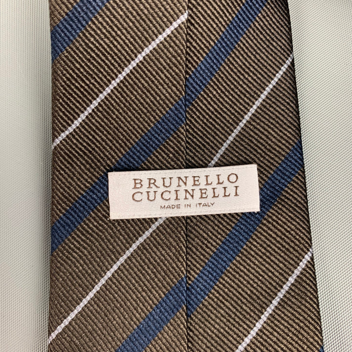 BRUNELLO CUCINELLI Brown Navy Diagonal Stripe Silk Tie
