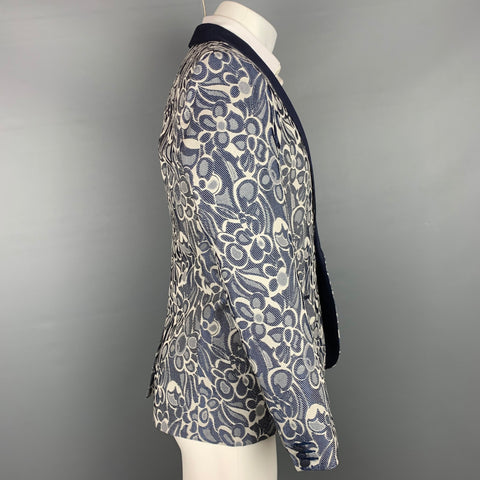MR. TURK Gregory Size 38 Navy & Gray Silver Abstract Floral Jacquard Acetate Blend Evening Sport Coat