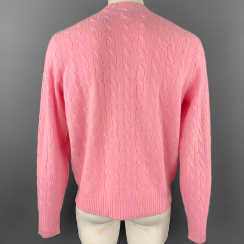 RALPH LAUREN Size L Pink Cable Knit Cashmere Crew-Neck Sweater