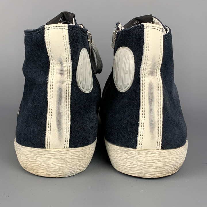 GOLDEN GOOSE Francy Size 10 Navy & White Distressed Suede High Top Sneakers
