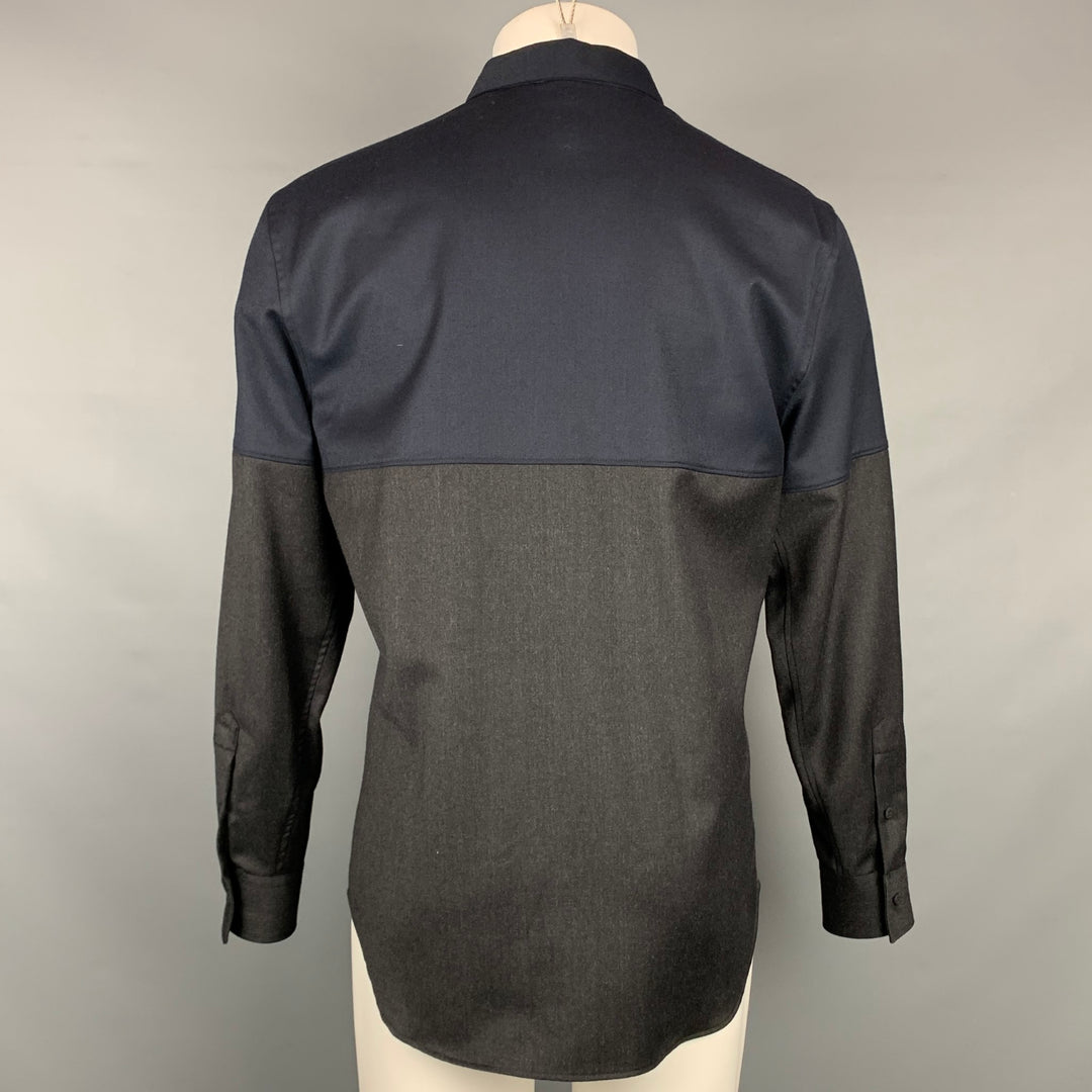 EMPORIO ARMANI Size M Charcoal & Navy Color Block Wool Button Up Long Sleeve Shirt