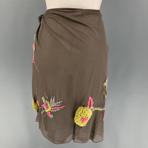 DRIES VAN NOTEN Size 6 Taupe Multi-Color Cotton Acrylic Embroidered Wrap Skirt