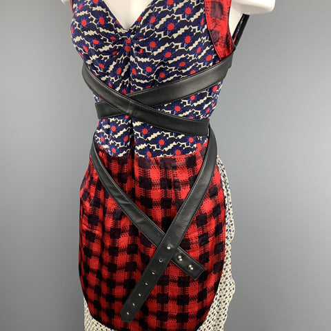 MICHEL KLEIN Size S Multi-Color Patchwork Mixed Fabrics Silk Belted Sheath Dress