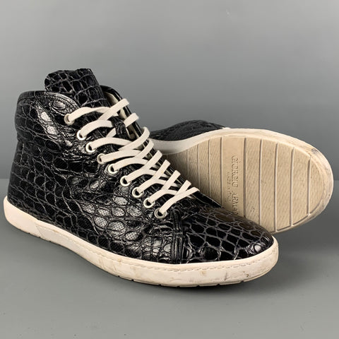 GIORGIO ARMANI Size 10 Black Alligator Embossed  Leather High Top Sneakers