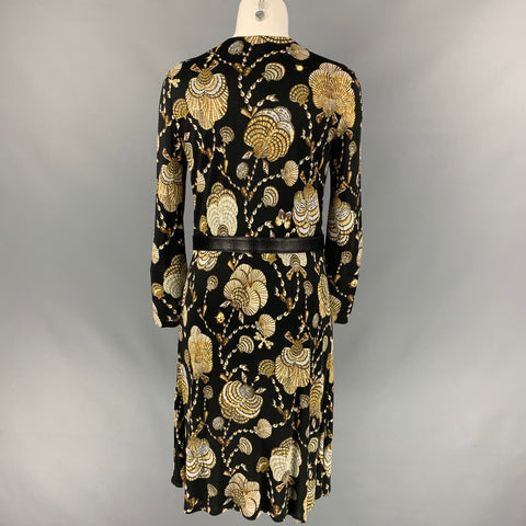 GUCCI Resort 2009 by Frida Giannini Size 6 Black & Brown Sea Shells Viscose Mid-Calf Wrap Dress