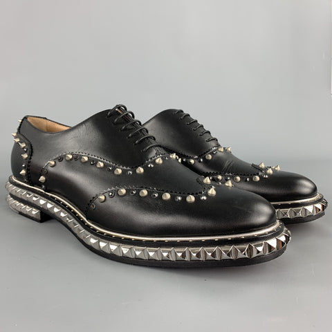 CHRISTIAN LOUBOUTIN Size 10.5 Black Studded Leather Wingtip Lace Up Shoes