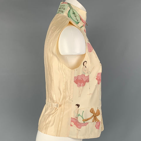 HERMES Size 8 Cream Multicolour Silk Ballerina Zip Up Vest
