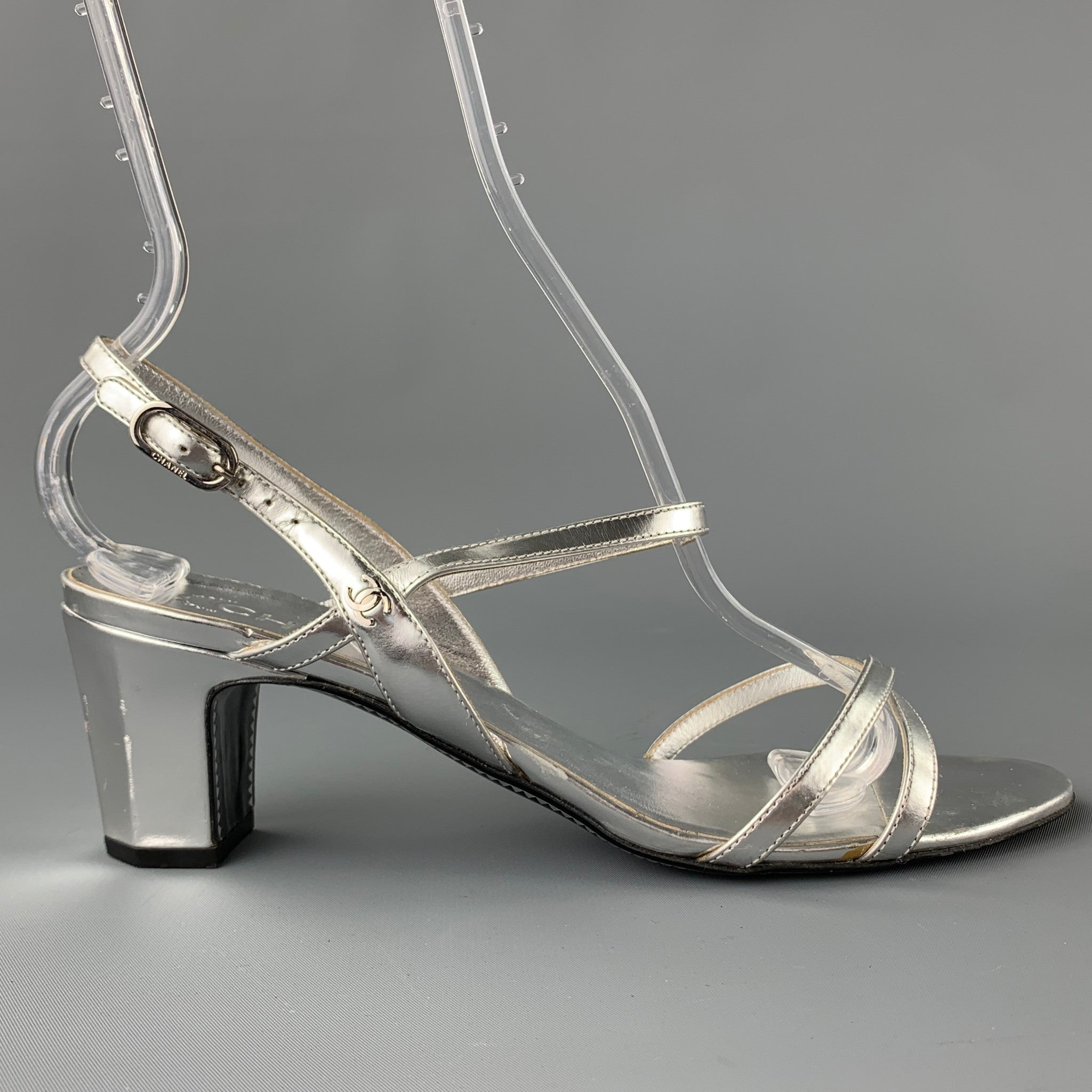 Chanel Size 9.5 Silver Leather Sandals