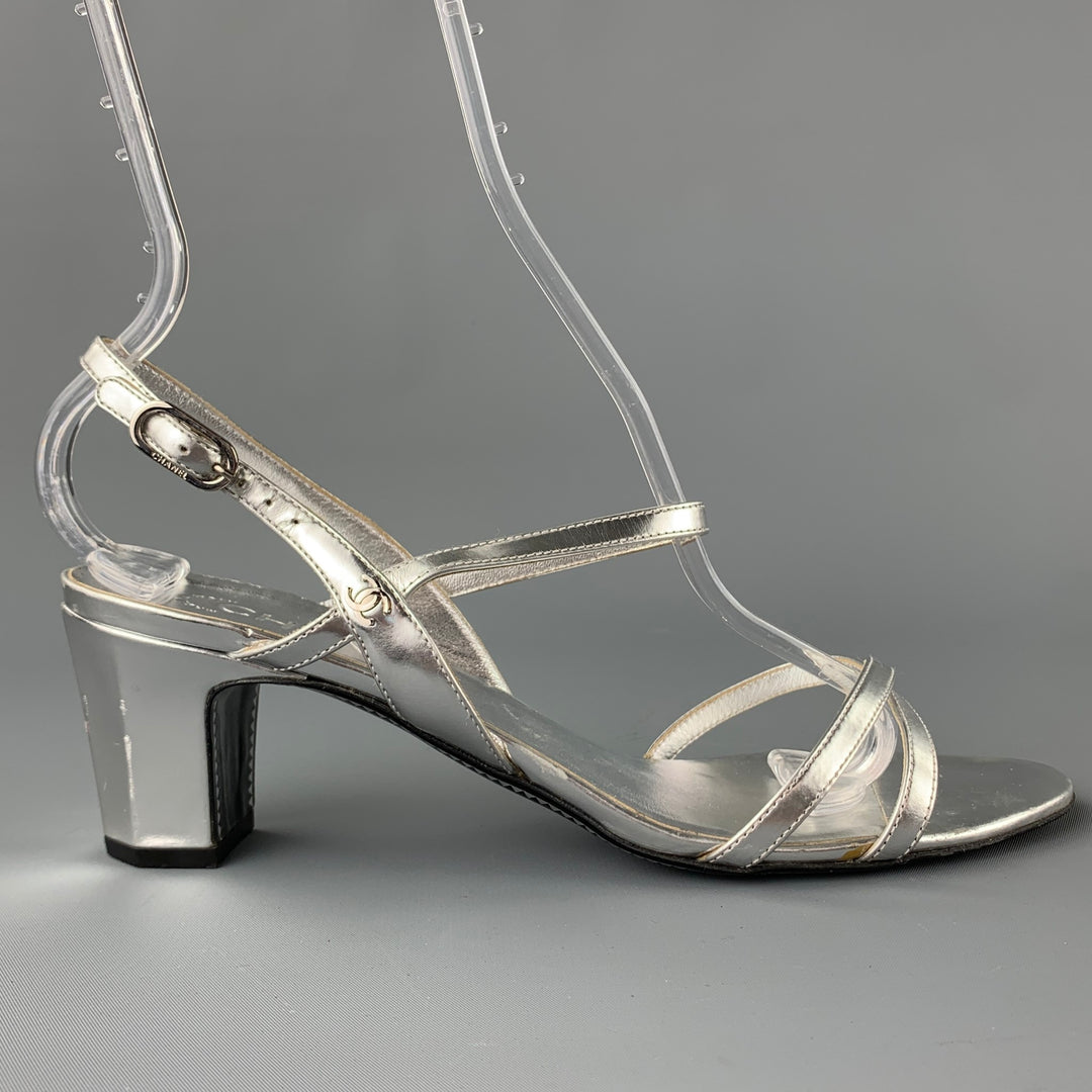 CHANEL Size 9.5 Silver Leather Strappy Sandals
