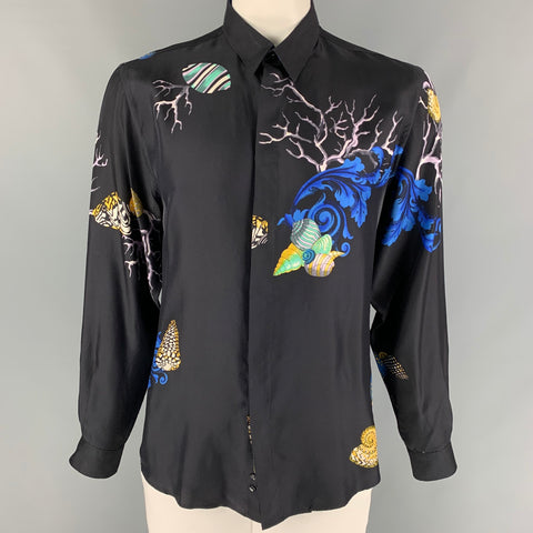 VERSACE COLLECTION Size L Black Print Silk Hidden Placket Long Sleeve Shirt