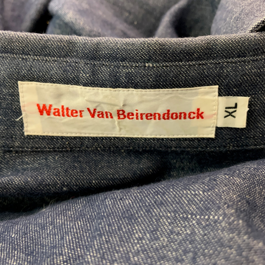 WALTER VAN BEIRENDONCK Size XL Navy Orange Embroidery Cotton Long Sleeve Shirt