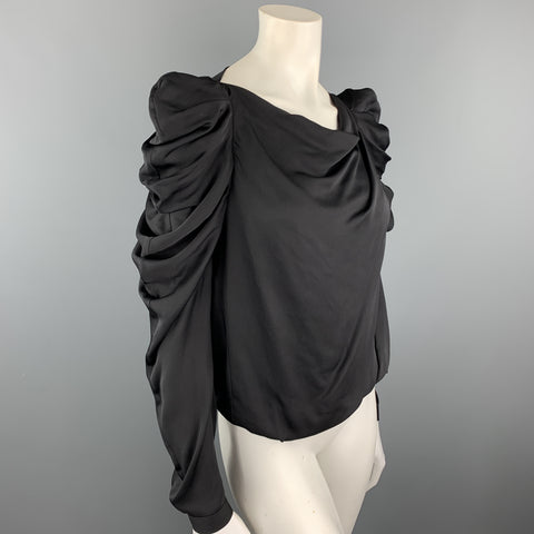 VIKTOR & ROLF Size 4 Black Draped Silk Ruffle Shoulder Blouse