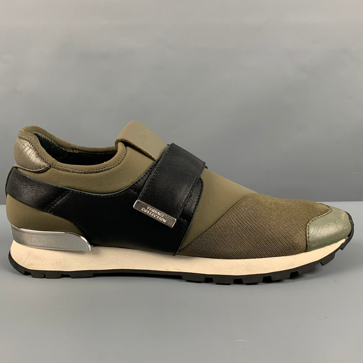 VERSACE COLLECTION Size 10 Green Black Color Block Neoprene Slip On Sneakers