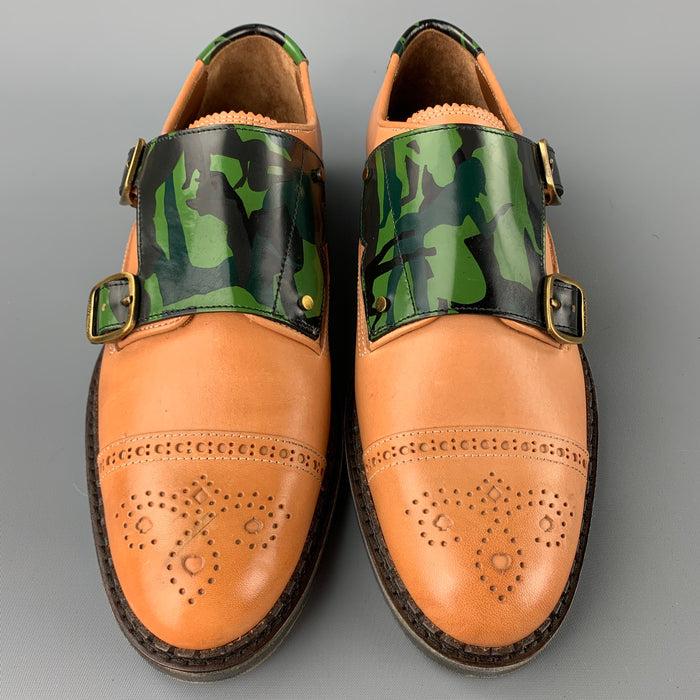 JIMMY CHOO Size 8 Tan Camouflage Leather Double Monk Strap Loafers