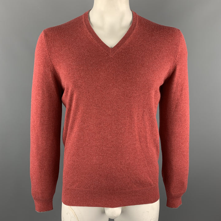 BRUNELLO CUCINELLI Size M Brick Knitted Cashmere V-Neck Pullover Sweater