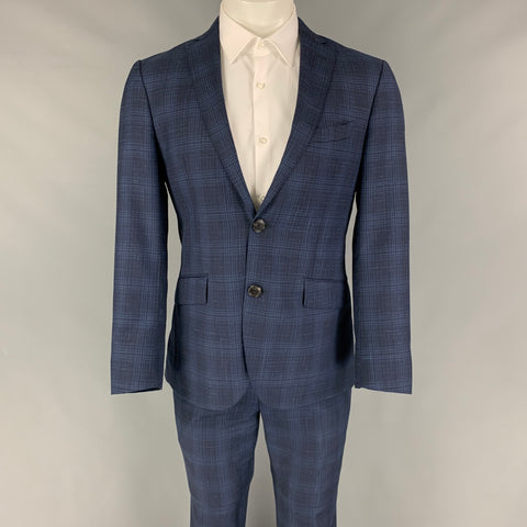 ETRO Talla 38 Traje con solapa de muesca en mezcla de lana a cuadros azul marino
