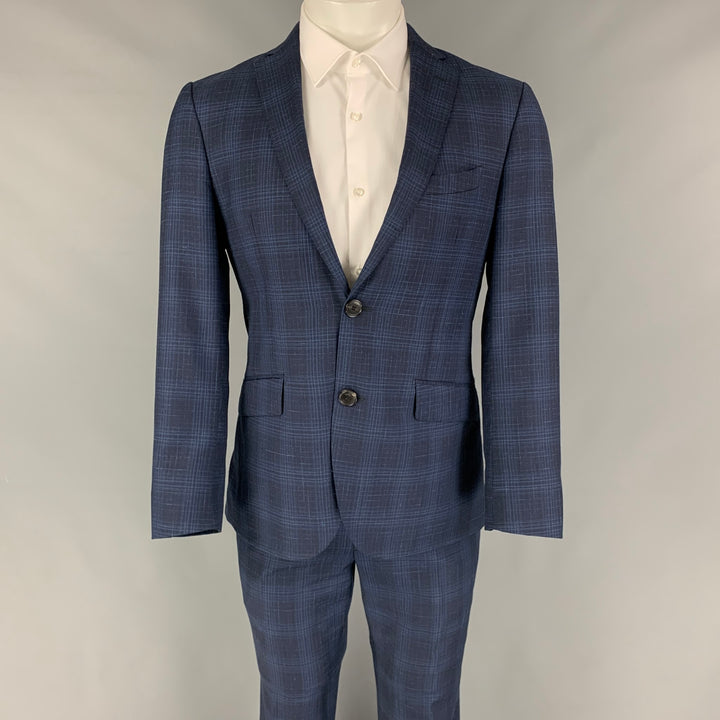 ETRO Size 38 Navy Blue Plaid Wool Blend Notch Lapel Suit