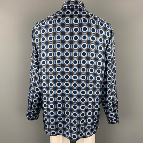 MICHAEL KORS Size XL Blue & Brown Print Silk Button Up Long Sleeve Shirt